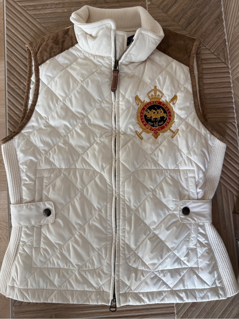 Polo Ralph Lauren Equestrian Quilted Vest with Brown Suede Trim and Crest Size M